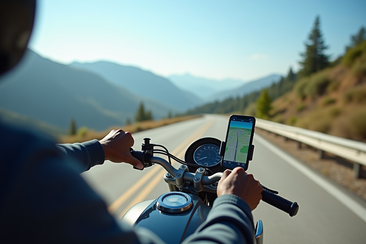 Perspective du pilote sur route avec GPS et montagnes